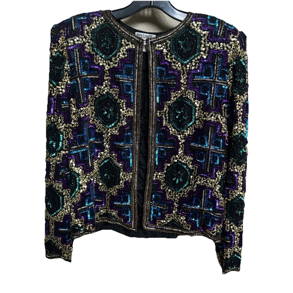 Vtg 80s Brilliante by JA Sequin Beaded Silk Jacket Gold Purple Green  Sz Small